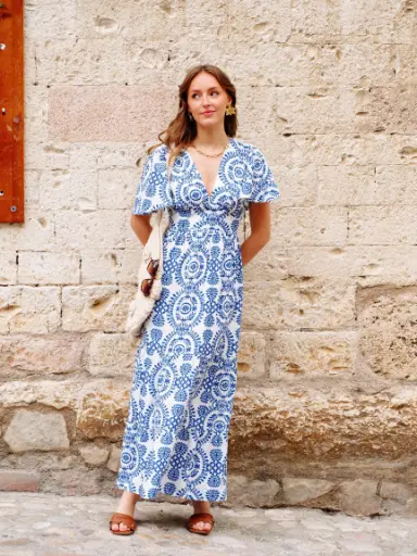Robe FIONA blanc/imprimé bleu