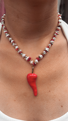 Collier gros PIMENT doré/rouge
