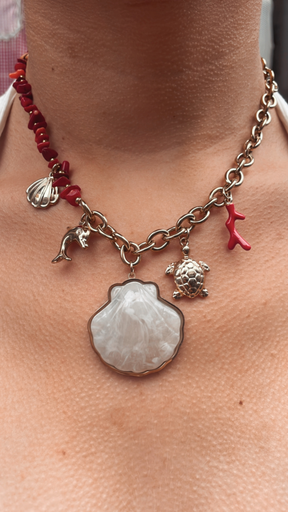 Collier FANNY coquillages blanc/perles rouges